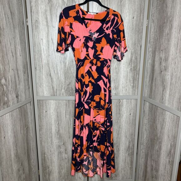 Abel The Label Midi Dress High Low Hem Floral Print Flutter Sleeve Size XS - Picture 1 of 8